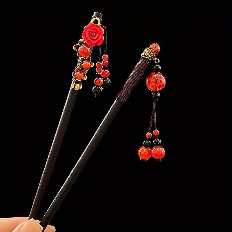 2 Pcs Exquisite Vintage Wooden Hair Sticks - Romantic Chinese Red Flower Hairpins with Festive Holiday Vibes - Unique Christmas Gifts for Women, Hair Accessories for Updo Hairstyles