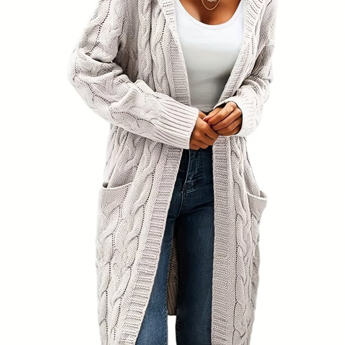 Plus Size Casual Cardigan, Women's Plus Solid Cable Long Sleeve Open Front Hooded Cardigan With Pockets