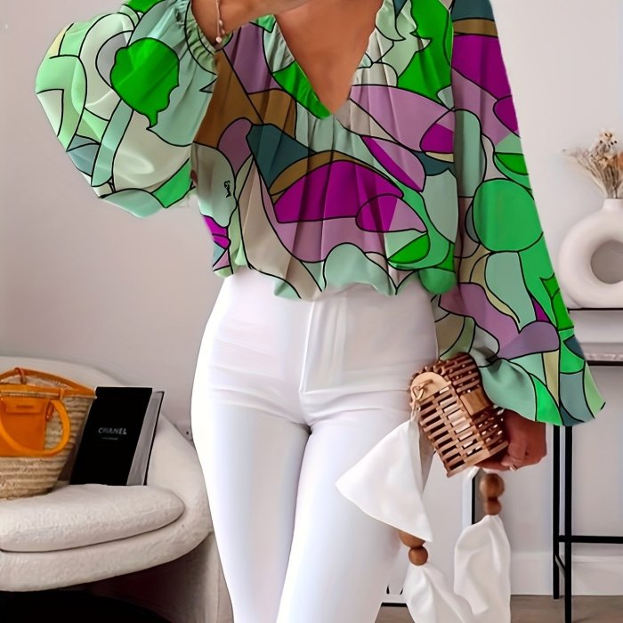 Geo Print Lantern Sleeve Blouse, Vintage V Neck Color Block Blouse, Women's Clothing