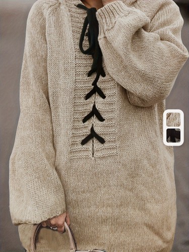 Solid Lace Up Drawstring Hooded Sweater, Casual Long Sleeve Loose Sweater For Fall & Winter, Women's Clothing