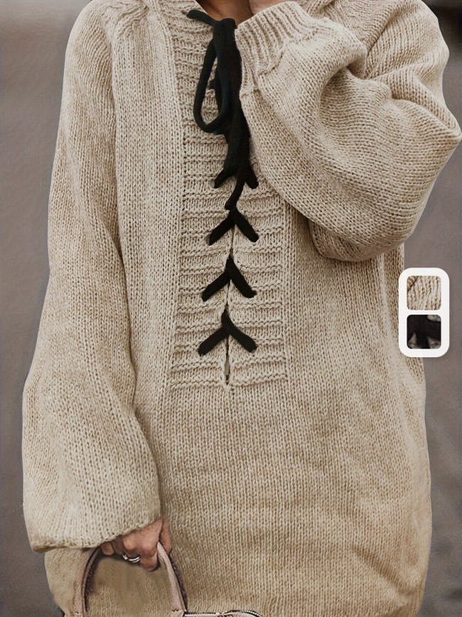 Solid Lace Up Drawstring Hooded Sweater, Casual Long Sleeve Loose Sweater For Fall & Winter, Women's Clothing