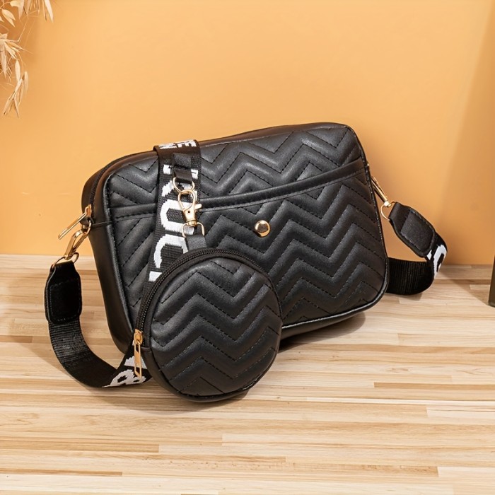 Quilted Crossbody Bag - Removable-strap, Zipper Closure, Polyester Lining, Faux Leather, Square Shoulder Bag with Round Coin Bag for Everyday Use
