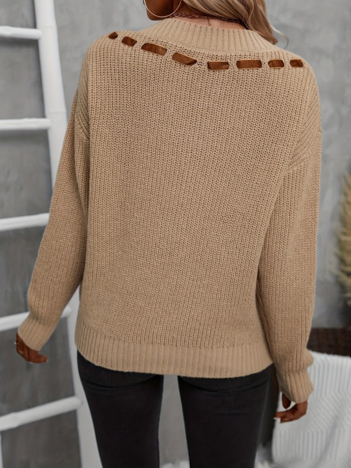 Cable Knit V Neck Pullover Sweater - Soft, Cozy, Long Sleeve, Casual, Winter & Fall Essential - Women's Clothing, Relaxed Fit, Knitted Top for Everyday Wear