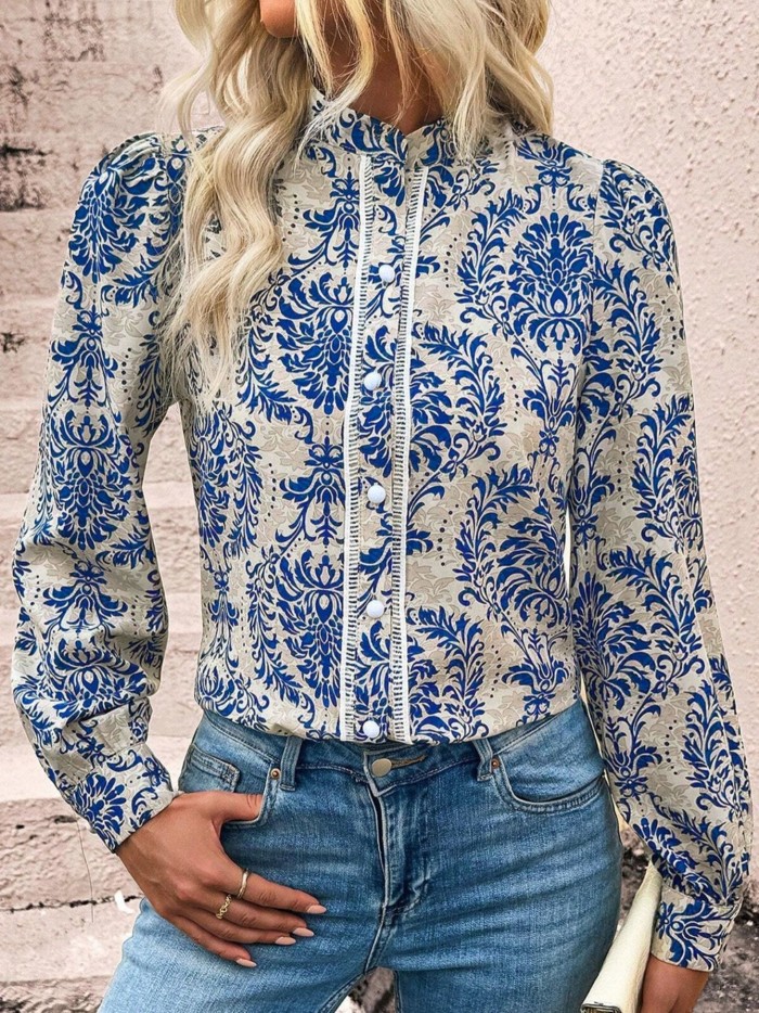 Bohemian Printed Bishop Sleeve Lace Shirt
