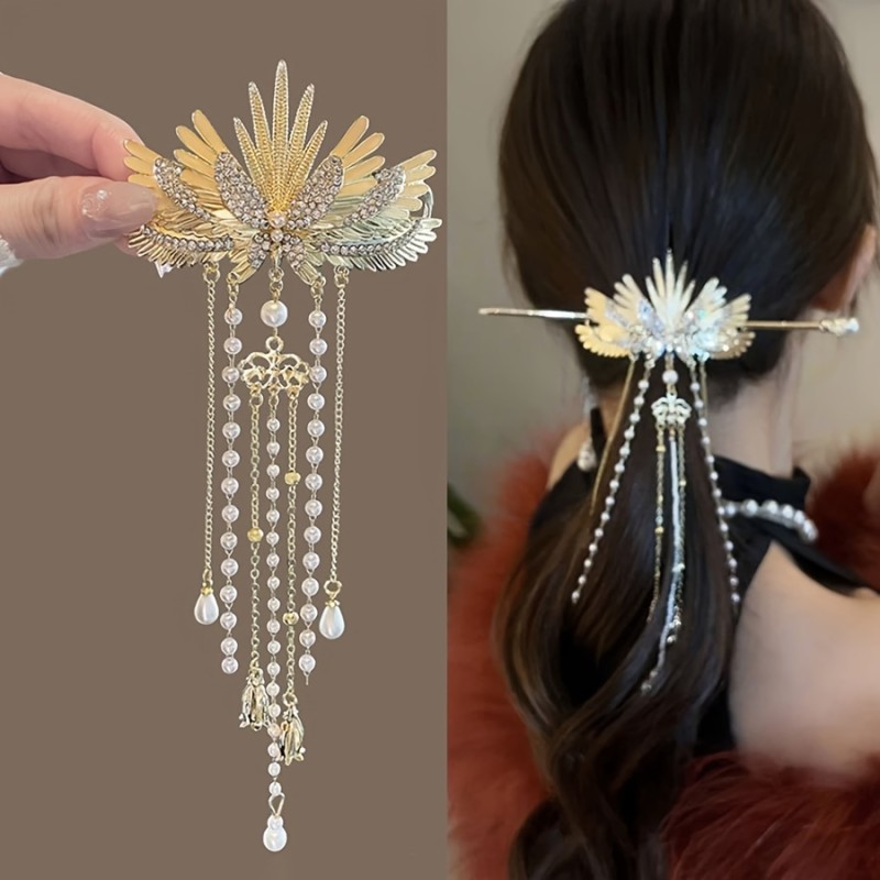 Vintage Golden Angel Wings Hair Clip with Faux Pearl Tassels, Zinc Alloy Metal Hairpin with Rhinestone Detailing for Traditional Chinese Style Updo