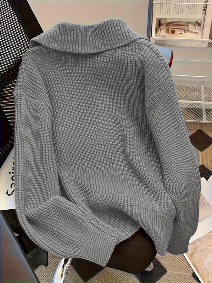 Plus Size Solid Color Button Front Knitted Cardigan, Stylish Casual Long Sleeve Cardigan For Fall & Winter, Women's Plus Size Clothing