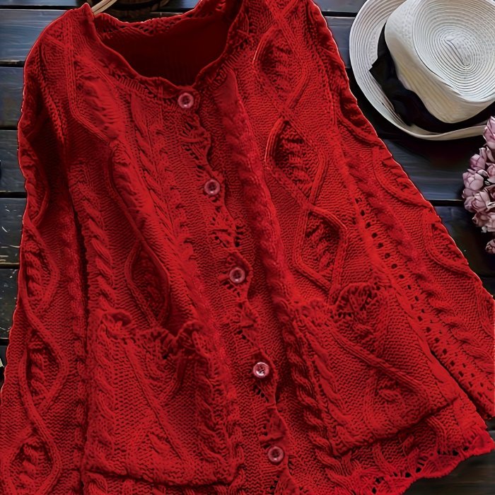 Plus Size Solid Color Cable Knitted Cardigan, Casual Button Front Long Sleeve Cardigan, Women's Plus Size Clothing