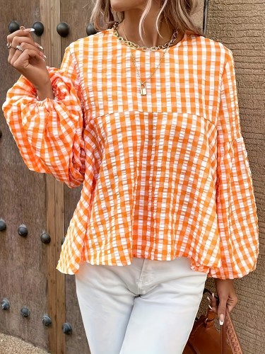 Plaid Print Lantern Sleeve Blouse, Sweet Crew Neck Textured Blouse For Spring & Fall, Women's Clothing
