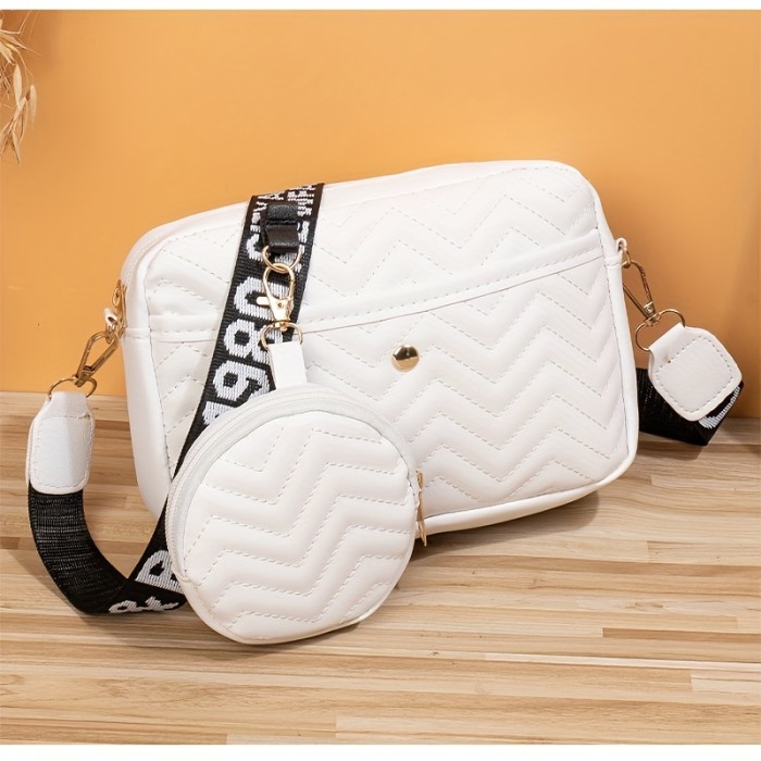 Quilted Crossbody Bag - Removable-strap, Zipper Closure, Polyester Lining, Faux Leather, Square Shoulder Bag with Round Coin Bag for Everyday Use