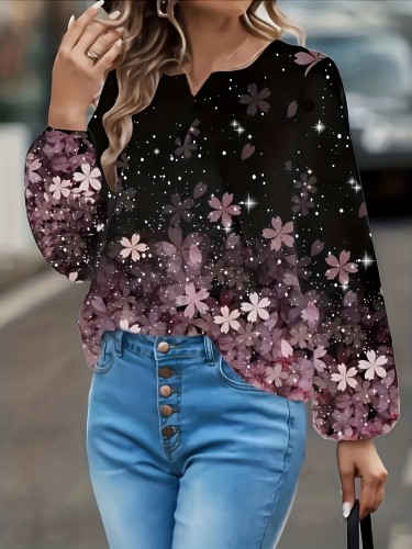 Plus Size Floral Print Crew Neck Blouse, Casual Long Sleeve Blouse For Spring & Fall, Women's Plus Size Clothing