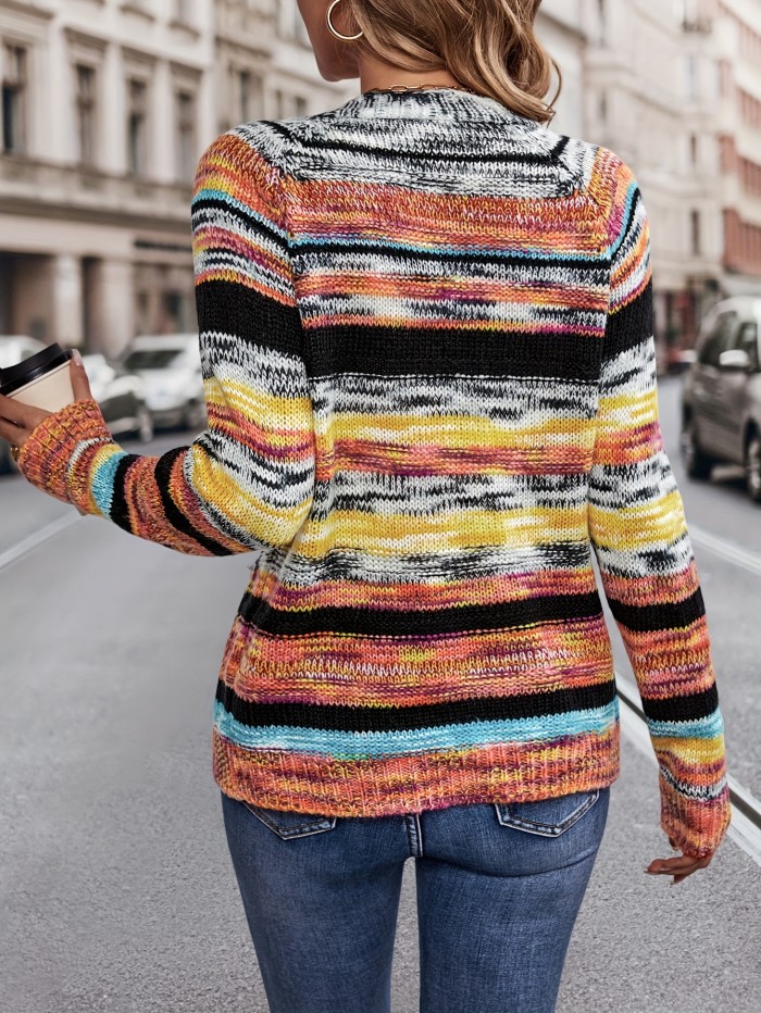 Rainbow Striped Open Front Cardigan, Casual Long Sleeve Cardigan For Spring & Fall, Women's Clothing