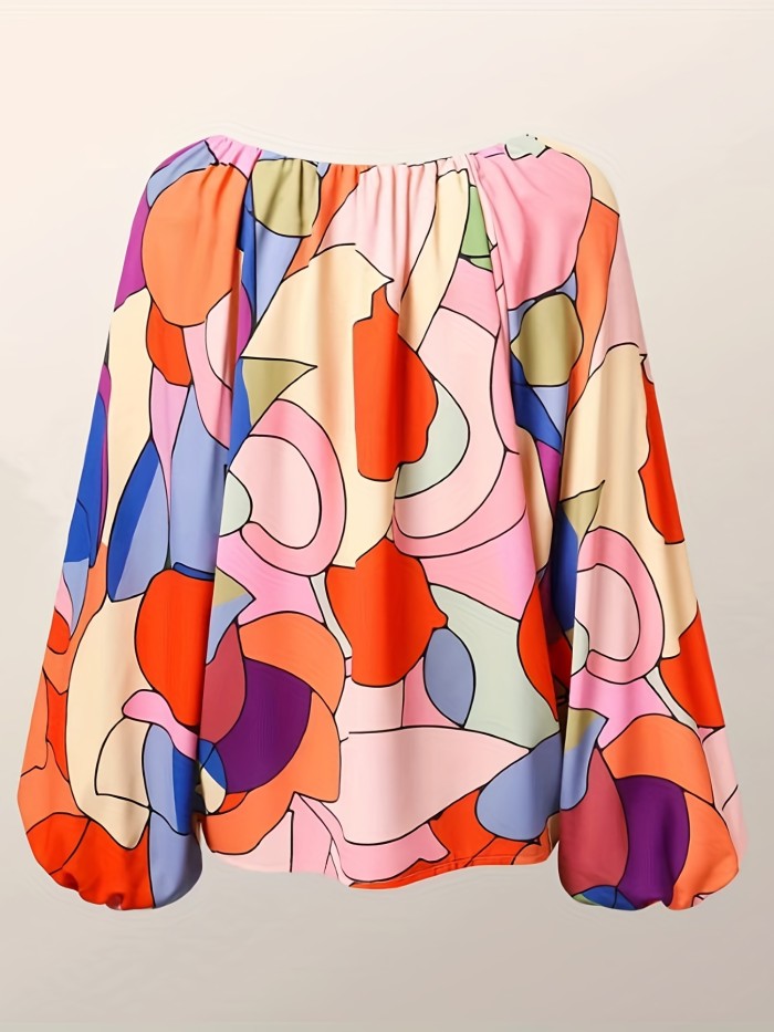 Geo Print Lantern Sleeve Blouse, Vintage V Neck Color Block Blouse, Women's Clothing