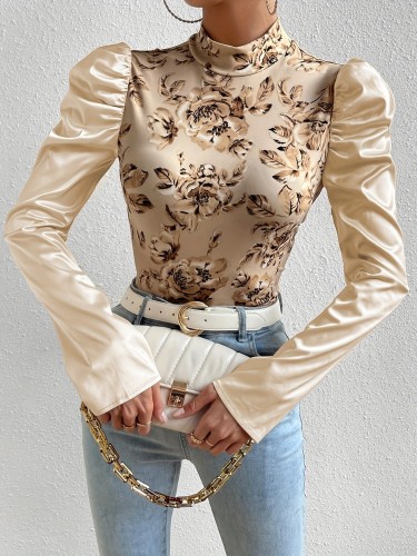 Vibrant Floral Print Mock Neck Blouse - Soft Micro Elastic Polyester, Elegant Puff Long Sleeves, Machine Washable, Perfect for Spring and Fall Seasons - Womens Slim Fit Knit Top