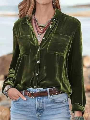 Solid Patched Pockets Velvet Shirt, Vintage Long Sleeve Shirt For Spring & Fall, Women's Clothing