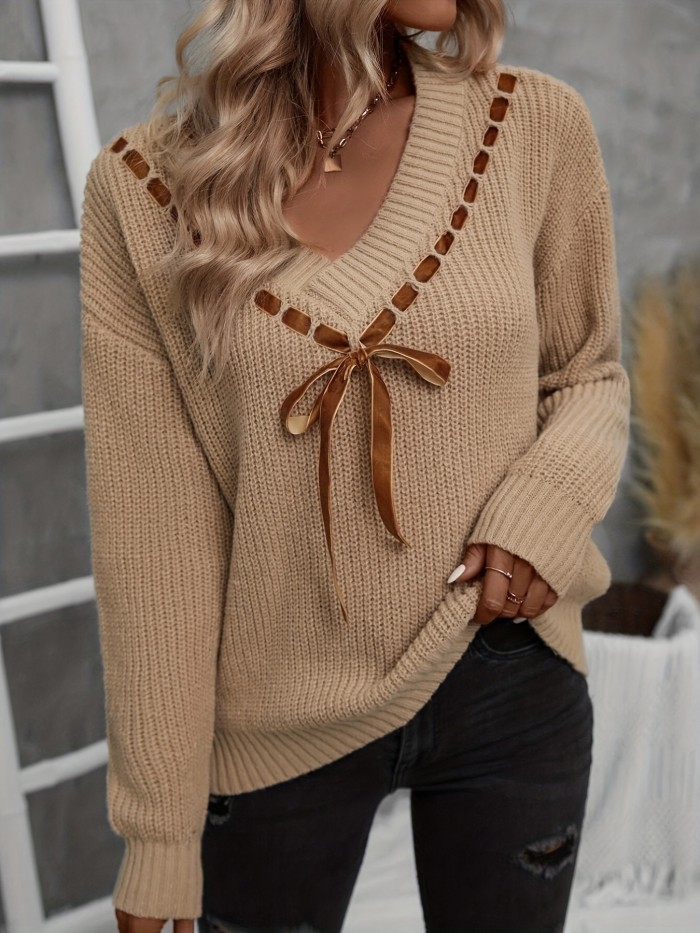 Cable Knit V Neck Pullover Sweater - Soft, Cozy, Long Sleeve, Casual, Winter & Fall Essential - Women's Clothing, Relaxed Fit, Knitted Top for Everyday Wear