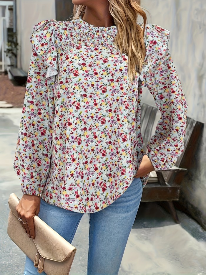 Ditsy Floral Print Blouse, Casual Shirred Ruffle Trim Long Sleeve Blouse, Women's Clothing