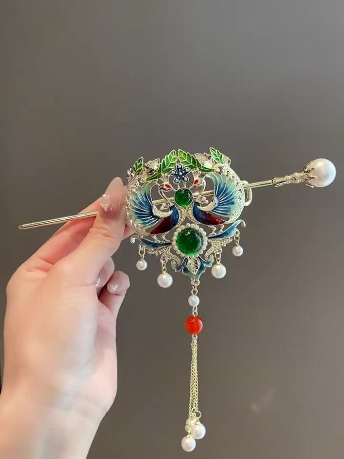 Women's Traditional Chinese Style Hair Stick Pin Set with Elegant Peacock Detail and Dangling Pearls & Crystals – Decorative Hair Accessories for Special Occasions, 1 Pair