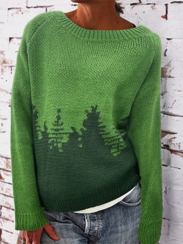 Cozy Forest Pattern Crew Neck Pullover Sweater - Soft Mid-Elasticity Acrylic Knit Fabric, Casual Long Sleeve Raglan Shoulder, Hand Washable, Perfect for Fall\u002FWinter - Womens Casual Clothing