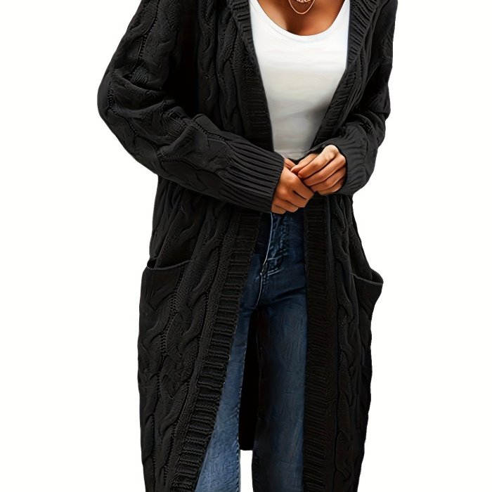 Solid Open Front Cable Knit Hooded Cardigan, Casual Long Sleeve Mid Length Sweater With Pocket, Women's Clothing