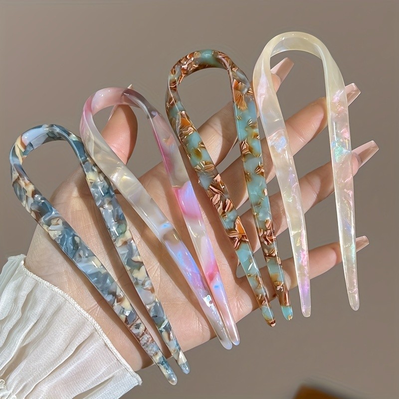 Acetic Acid Barrettes for Women, Vintage Chinese Style Hair Clips, U-Shaped Hair Pins, Elegant Gradient Updo Hairstyle Accessories, Simple Chic Hair Ornaments, Set of Multiple Designs, Suitable for Age 14+