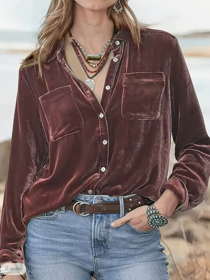 Solid Patched Pockets Velvet Shirt, Vintage Long Sleeve Shirt For Spring & Fall, Women's Clothing