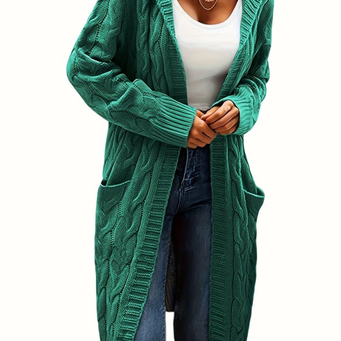 Solid Open Front Cable Knit Hooded Cardigan, Casual Long Sleeve Mid Length Sweater With Pocket, Women's Clothing