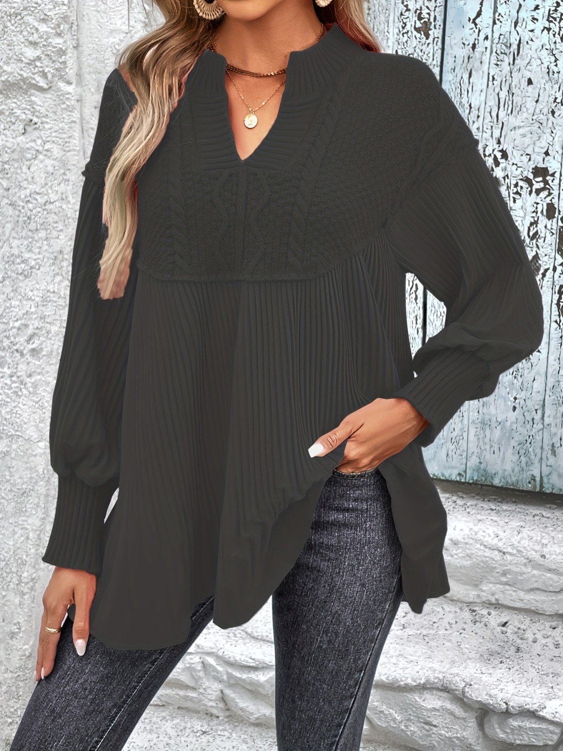 Knot V-neck Lantern Sleeve Midriff-baring Sweater