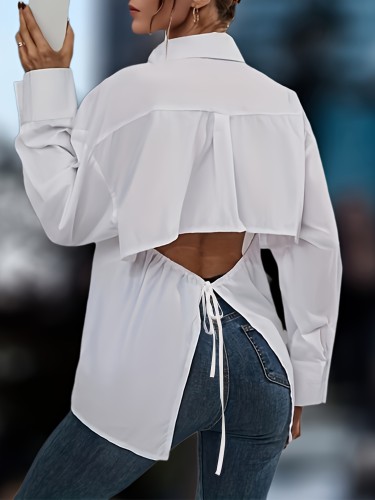Cut Out Button Front Tied Blouse, Casual Long Sleeve Blouse For Spring & Fall, Women's Clothing