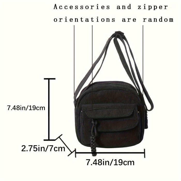 Corduroy Simple Chic Crossbody Satchel Bag - Adjustable Strap, Zipper Closure, Polyester Lining, Random Solid Color Pattern - Casual Everyday Companion for Women