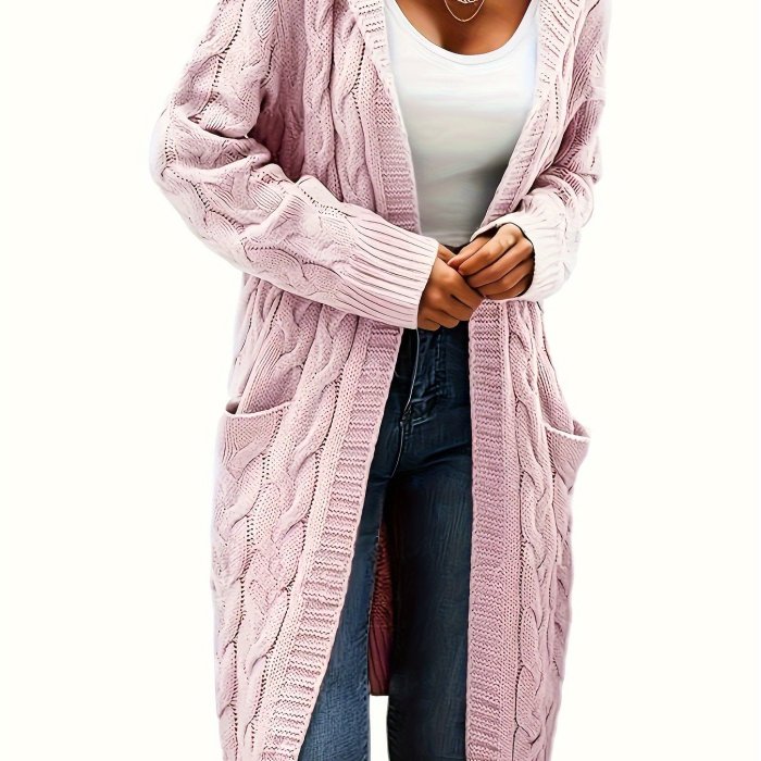 Solid Open Front Cable Knit Hooded Cardigan, Casual Long Sleeve Mid Length Sweater With Pocket, Women's Clothing
