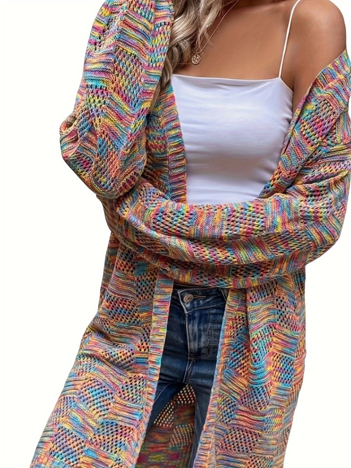 Colorful Open Front Pointelle Knit Cardigan, Elegant Long Sleeve Mid Length Loose Cardigan, Women's Clothing