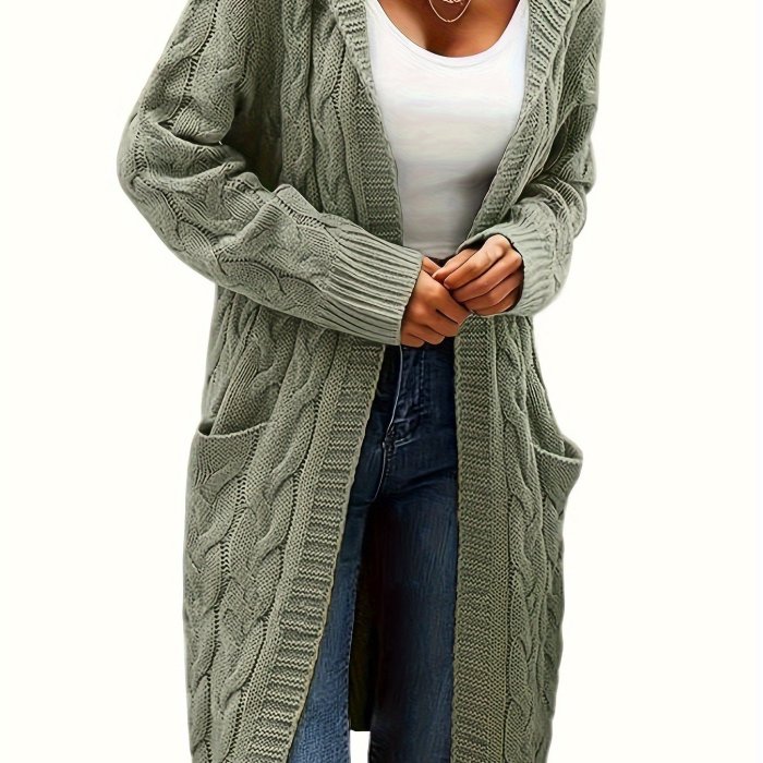Solid Open Front Cable Knit Hooded Cardigan, Casual Long Sleeve Mid Length Sweater With Pocket, Women's Clothing