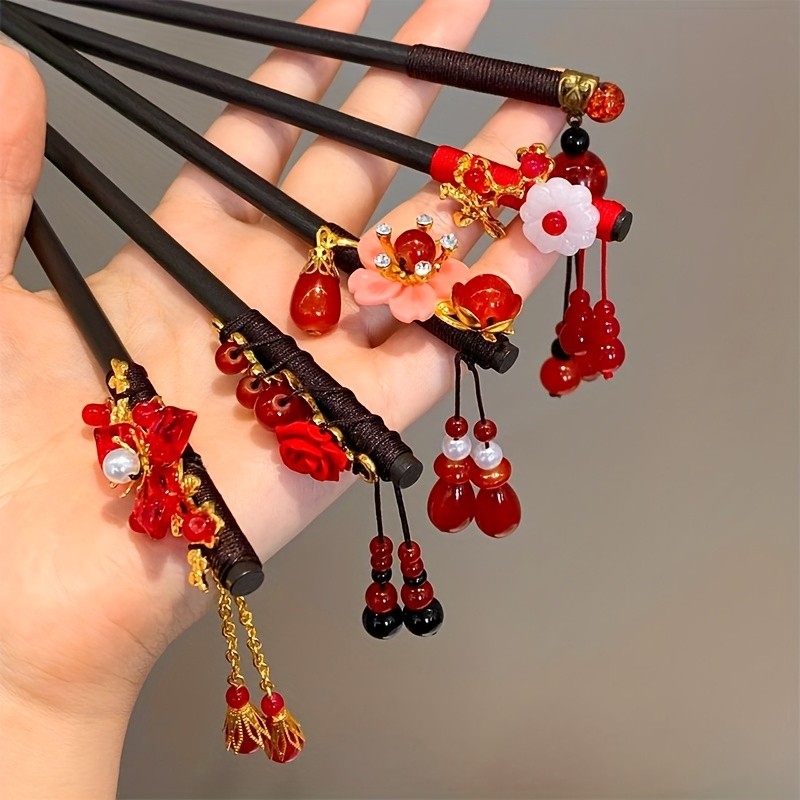 2 Pcs Exquisite Vintage Wooden Hair Sticks - Romantic Chinese Red Flower Hairpins with Festive Holiday Vibes - Unique Christmas Gifts for Women, Hair Accessories for Updo Hairstyles