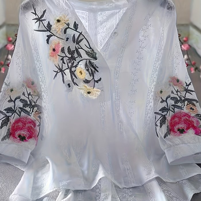 Timeless Vintage Floral Blouse - Flowy Dipped Hem & Chic V-Neckline - Feminine Print Premium Womens Clothing