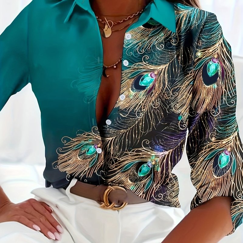 Peacock Feather Print Shirt, Long Sleeve Button Up Casual Top For Fall & Spring, Women's Clothing