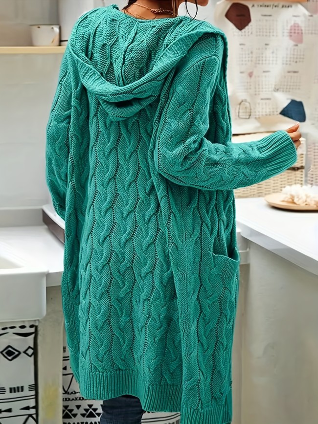 Plus Size Casual Cardigan, Women's Plus Solid Cable Long Sleeve Open Front Hooded Cardigan With Pockets