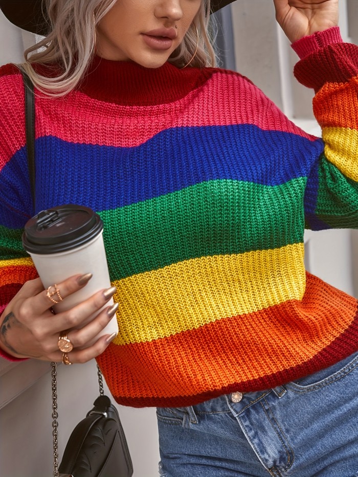 Chic Color Block Mock Neck Sweater – Comfortable Long Sleeve Knit for Women, Perfect for Spring & Autumn