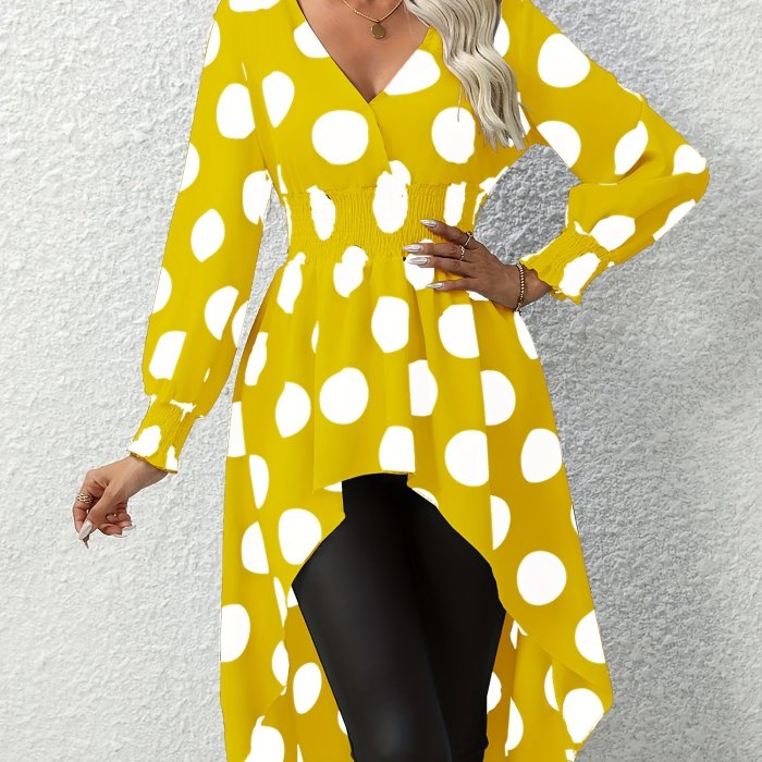 Asymmetrical Polka Dot Blouse, Long Sleeve V-neck Blouse, Casual Every Day Tops, Women's Clothing