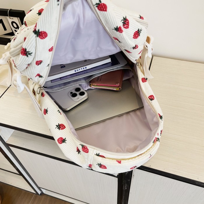Strawberry Corduroy Fashion Backpack - Adjustable Straps, Laptop & Tablet Compartments, Bottle Holder, Zipper Closure, Random Print Design, Hand Wash Only - Perfect for School and Commuting