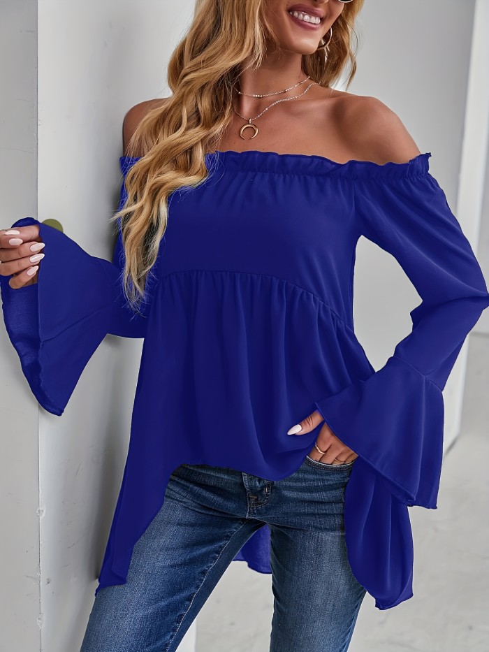 Chic Off Shoulder Ruffle Trim Blouse - Casual Solid Long Sleeve Polyester Shirt with Dipped Hem and Relaxed Fit - Perfect for All Seasons and Occasions