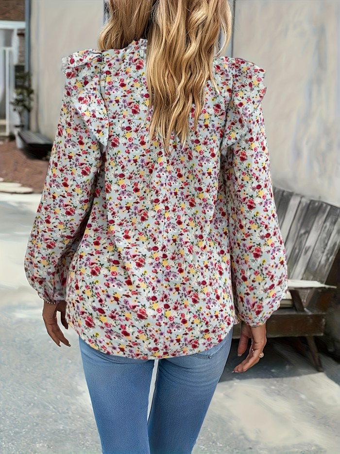Ditsy Floral Print Blouse, Casual Shirred Ruffle Trim Long Sleeve Blouse, Women's Clothing