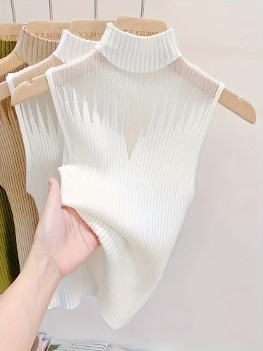 Vibrant Solid Color High Neck Turtle Neck Vest - Lightweight, Semi-Sheer, Micro Elastic Knit Fabric, Sleeveless Cut Out Design, Perfect for Spring, Summer, and Fall - Hand Wash or Dry Clean, Asian Style, No Printing, Womens Casual Clothing