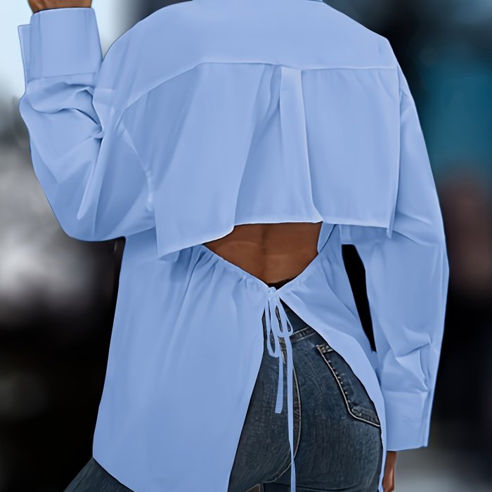 Cut Out Button Front Tied Blouse, Casual Long Sleeve Blouse For Spring & Fall, Women's Clothing