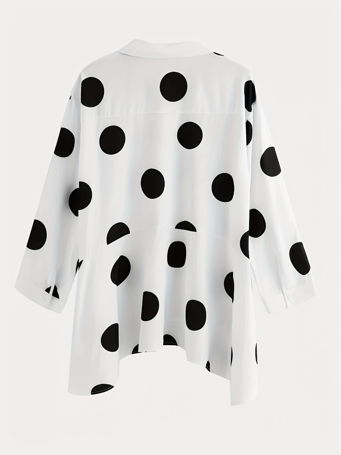 All-Season Polka Dot Blouse - Casual Yet Chic, Long Sleeve, Durable Lapel Button-Up, Easy Maintenance