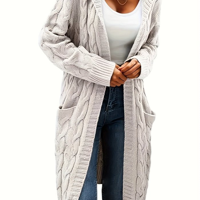 Solid Open Front Cable Knit Hooded Cardigan, Casual Long Sleeve Mid Length Sweater With Pocket, Women's Clothing