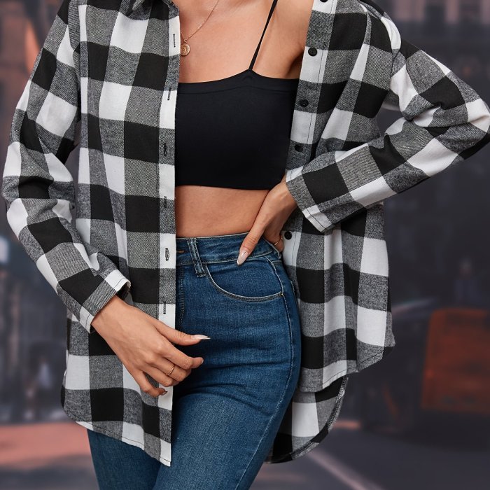 Plaid Print Classic Shirt, Casual Button Front Long Sleeve Shirt, Women's Clothing