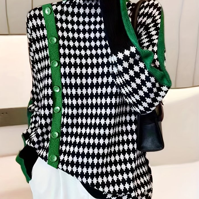 Allover Pattern Turtle Neck Pullover Sweater, Casual Button Decor Long Sleeve Loose Sweater, Women's Clothing