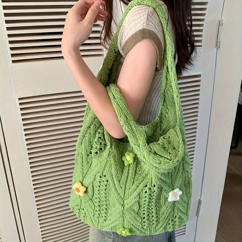 Cute Flower Decor Knit Tote Bag, Aesthetic Shoulder Bag, Hollow Out Crochet Bag For Travel Vacation Beach