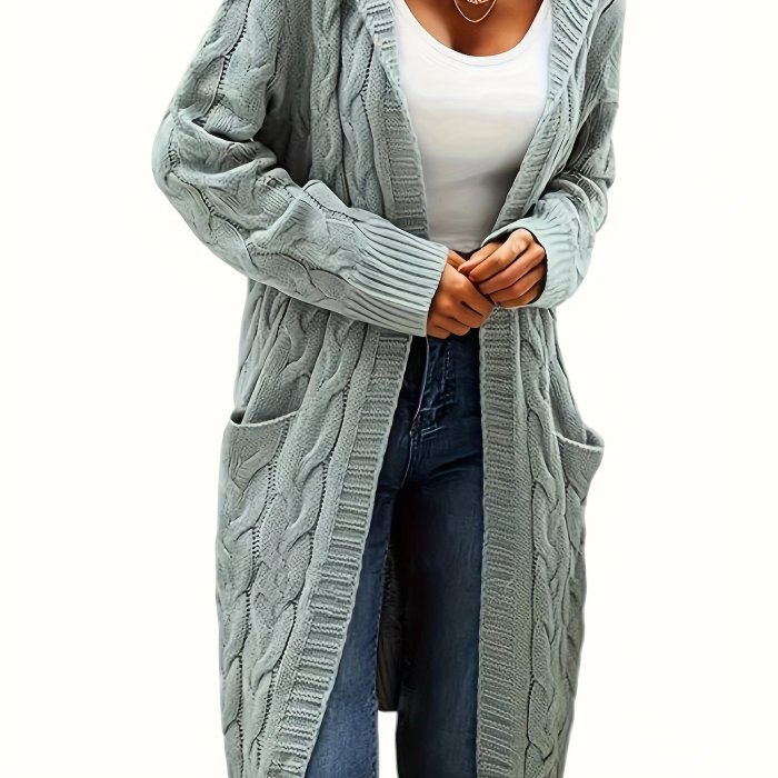 Solid Open Front Cable Knit Hooded Cardigan, Casual Long Sleeve Mid Length Sweater With Pocket, Women's Clothing