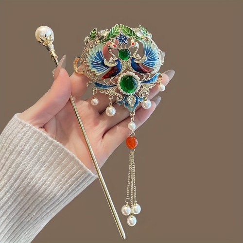 Women's Traditional Chinese Style Hair Stick Pin Set with Elegant Peacock Detail and Dangling Pearls & Crystals – Decorative Hair Accessories for Special Occasions, 1 Pair